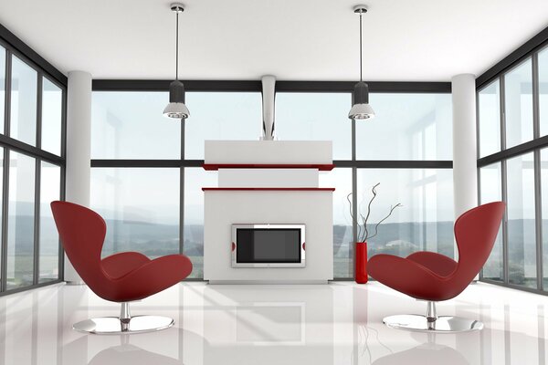 Interior con sillones rojos y pantalla