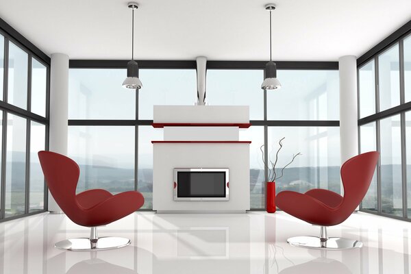 Wnętrze z czerwonymi fotelami i ekranem