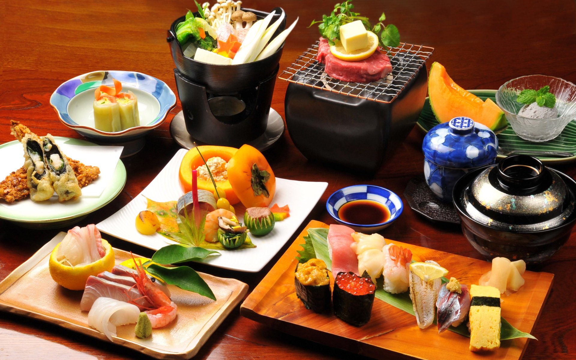 table meals japanese food vegetables rolls seafood