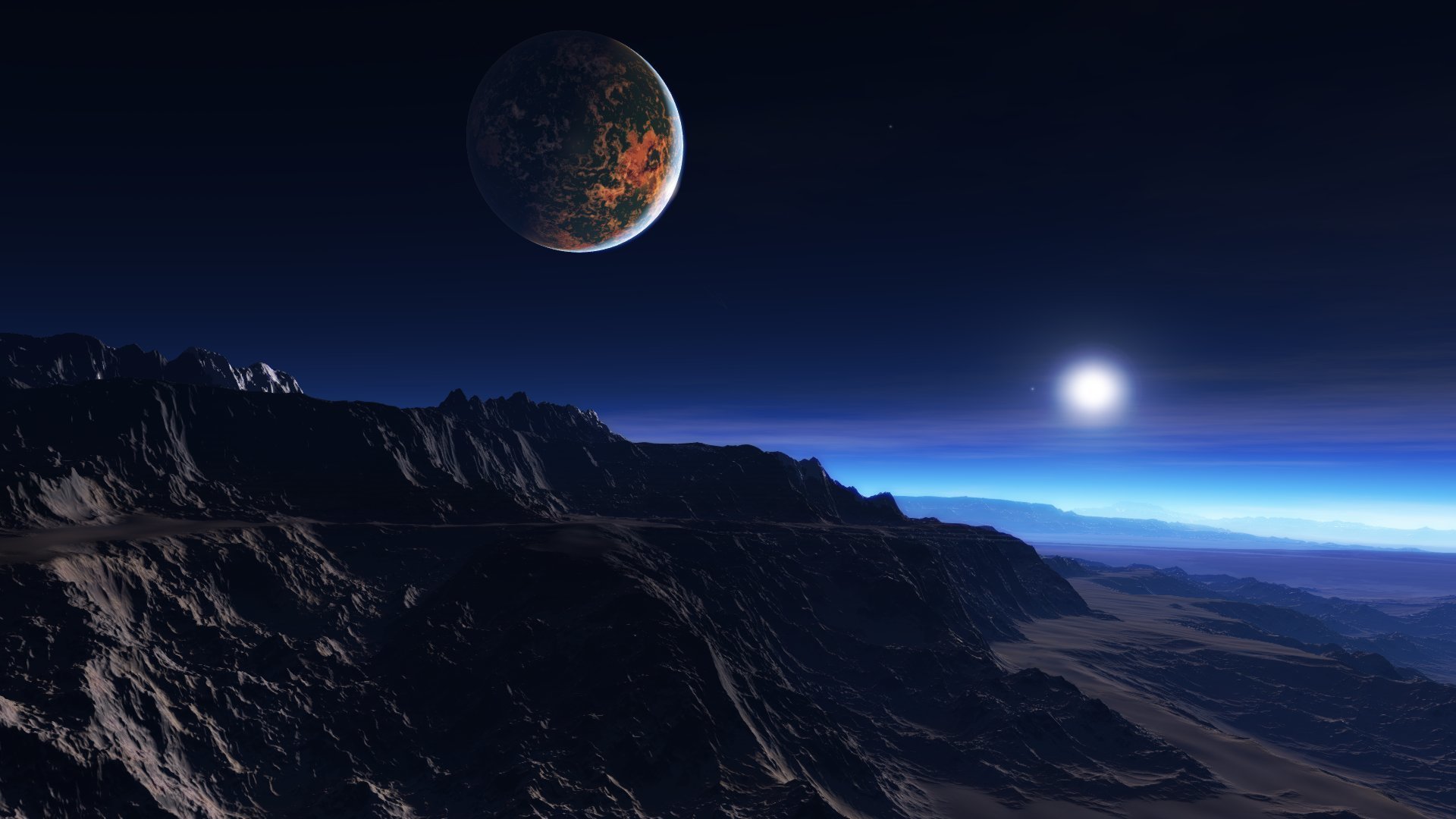 exoplanète froid étoile nain blanc satellite brume montagnes roches atmosphère nuages matin lever du soleil aube mort