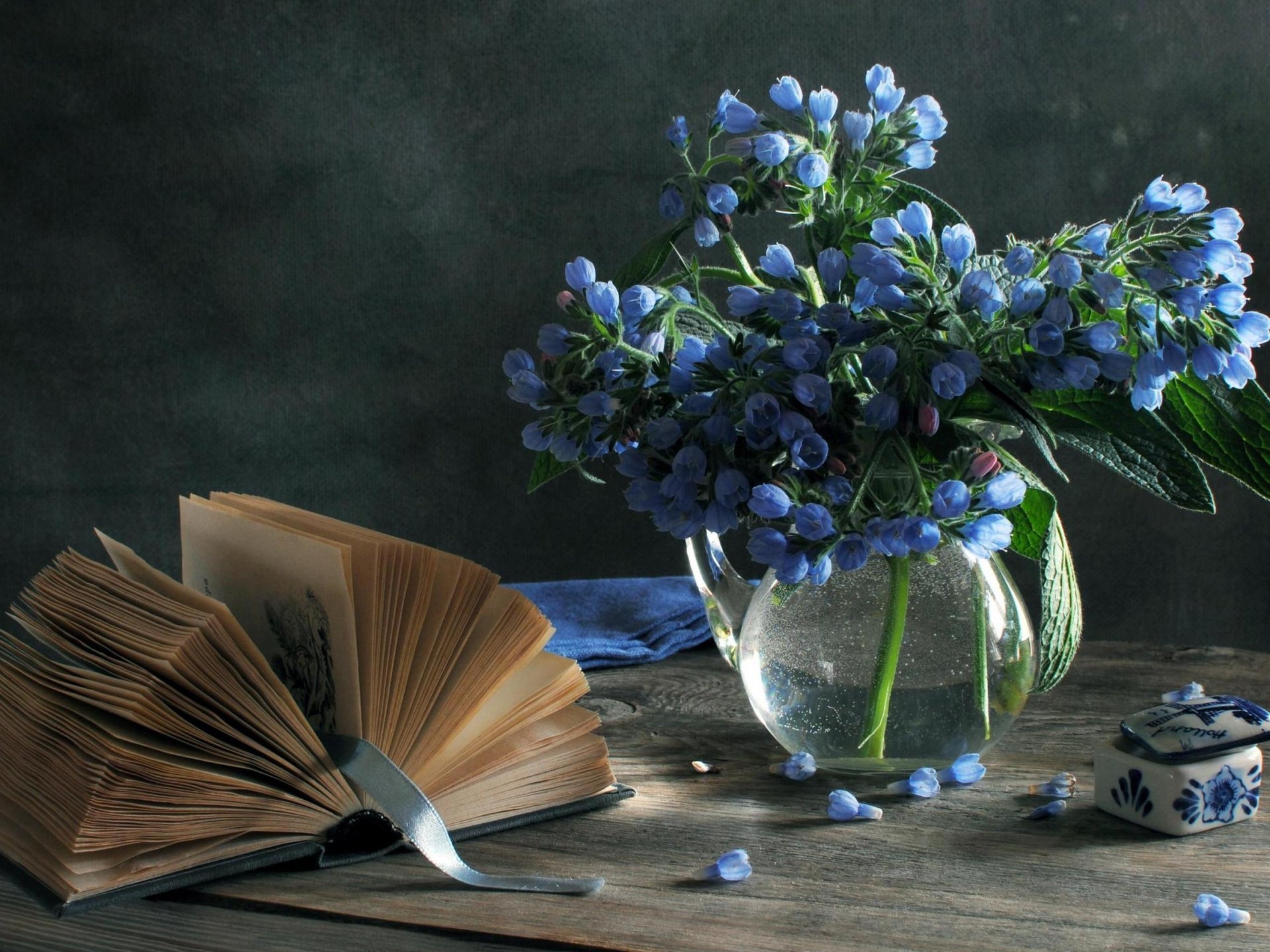 blaue blumen stillleben vase buch schatulle