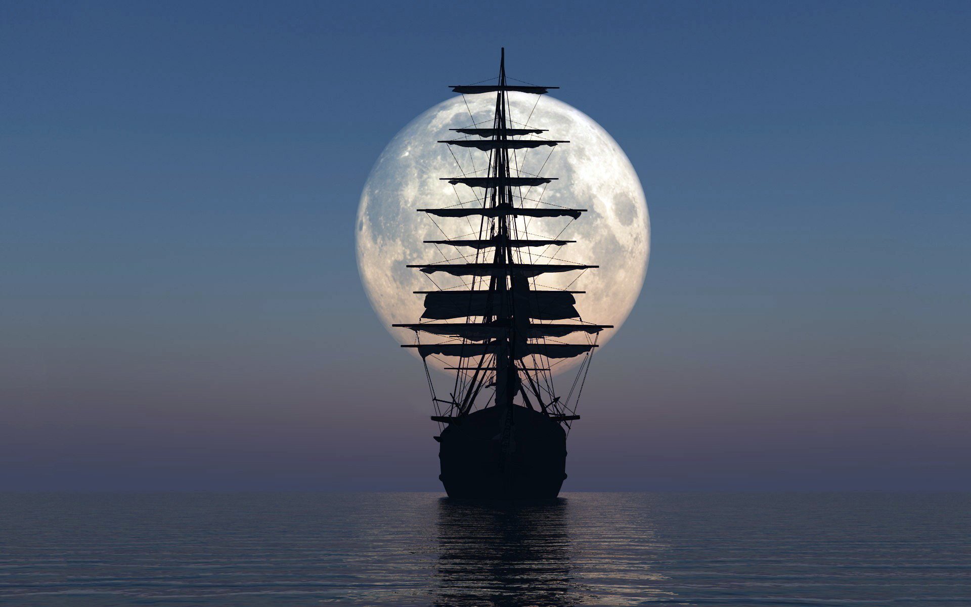 ea sails the ocean the sky the moon mast ship silhouette