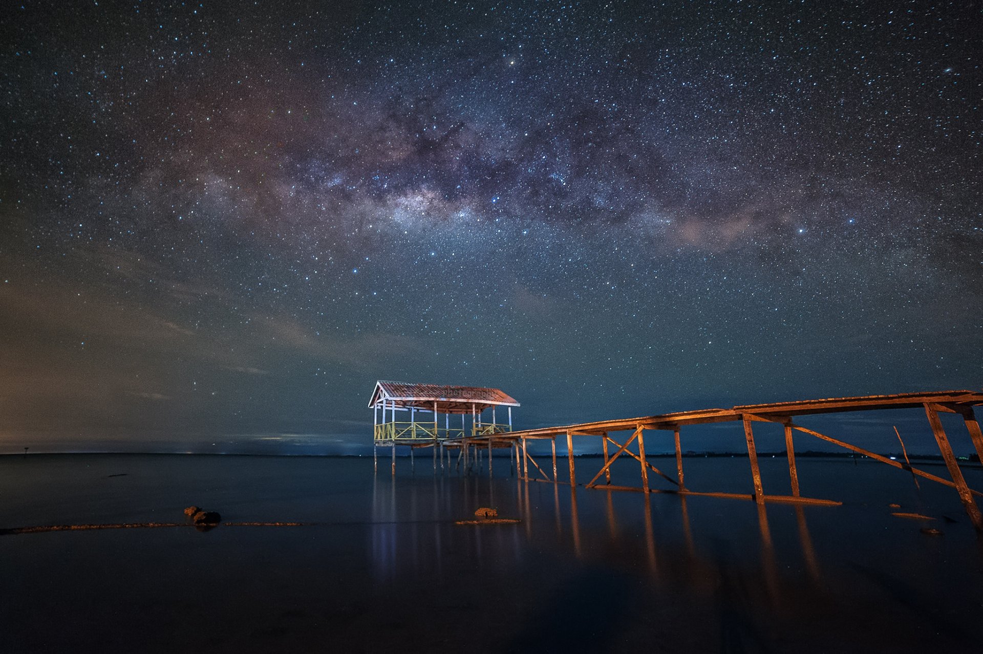 vía láctea muelle lago espejo reflexión estrellas secretos