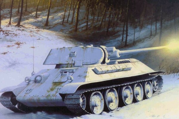 Winterkunst sowjetischer T-34-76 Panzer im Schnee