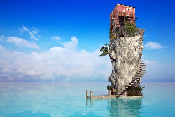 An unusual house on an island in the ocean