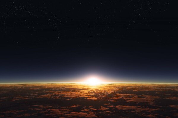 Sonnenaufgang über der Oberfläche des Planeten am Rande der Verschmelzung mit dem Himmel