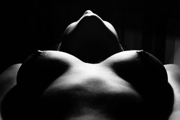 Fotografía en blanco y negro de pechos desnudos