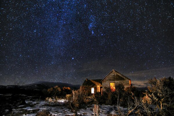 Maisons et buissons dans l espace nocturne avec des étoiles