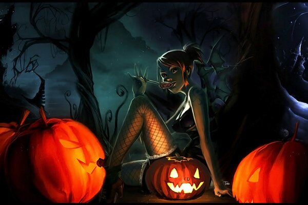 Mysterious girl on the background of Halloween pumpkins