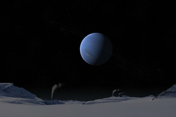 A planet on the background of a snowy night terrain