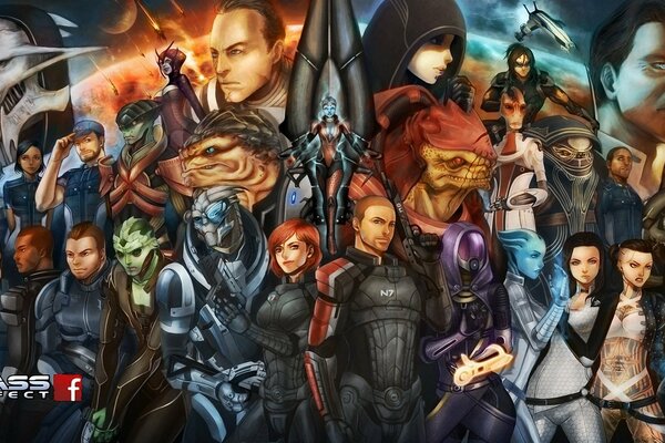 Beaucoup de personnages mass effect sur fond de terre