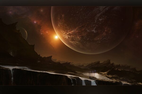 Fantastic landscape with a huge planet in the night sky above the earth