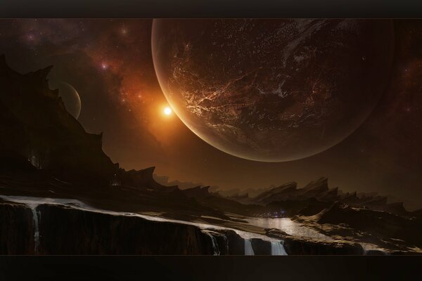 Paysage fantastique avec une énorme planète dans le ciel nocturne au-dessus de la terre