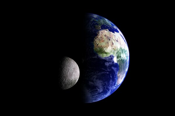 A view from space of the planet Earth and its Moon satellite