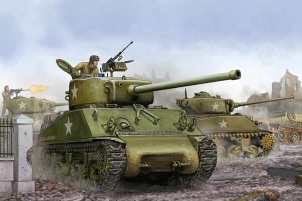 Основной средний американский танк шерман во время танкового боя с танкистом на башне