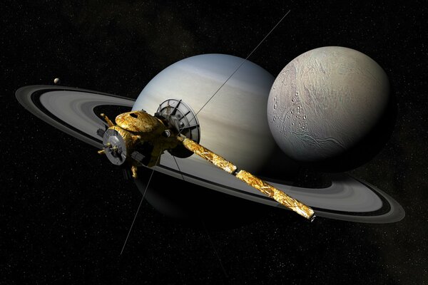 Un vaisseau spatial vole près de Saturne