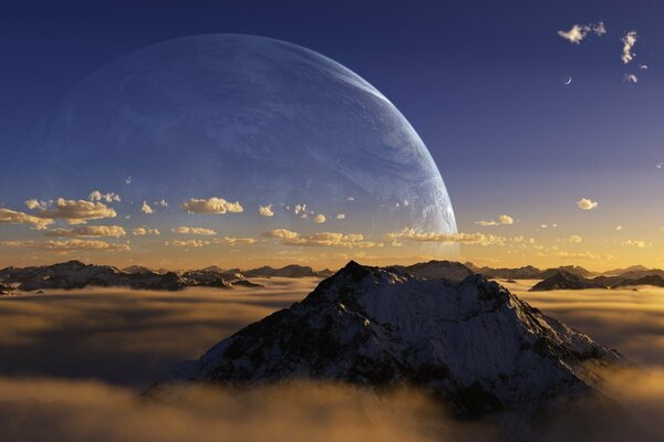 Mountain above the clouds at night with the moon