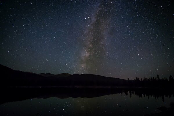 La vía láctea y las estrellas, y debajo del lago y el bosque