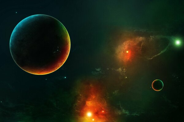 Beautiful glowing planets in space