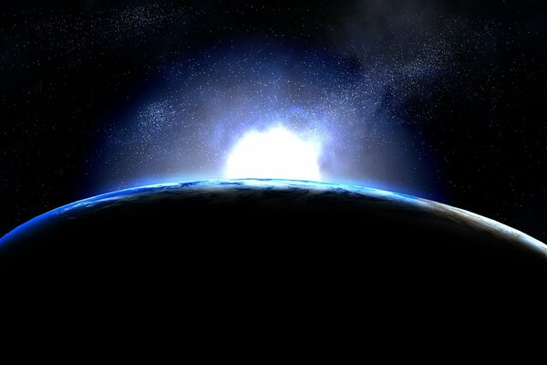 Ein Bild eines Planeten aus dem Weltraum im blau- dunklen Licht