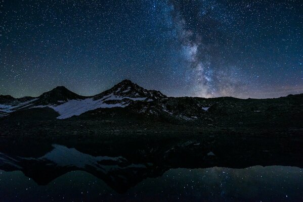 Reflection of stars in a night lake with snowy mountains