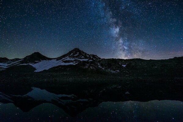 Reflejo de las estrellas en un lago nocturno con montañas nevadas