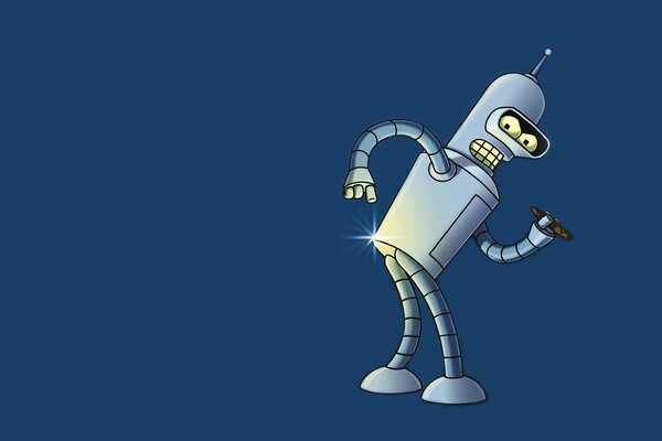 Robot on a blue background with a cigar in his hand