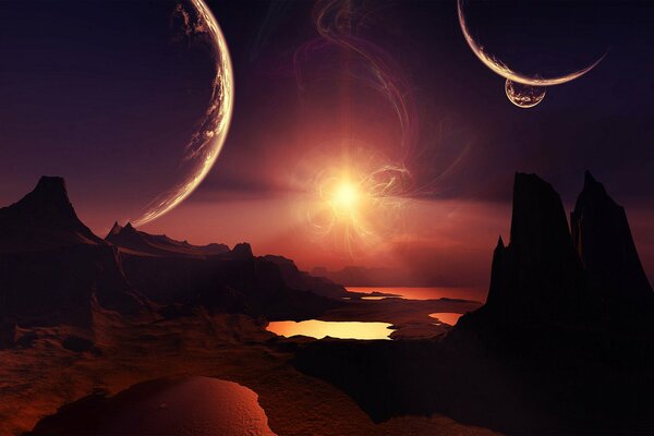 Fantastic landscape with huge planets over mountains and lake