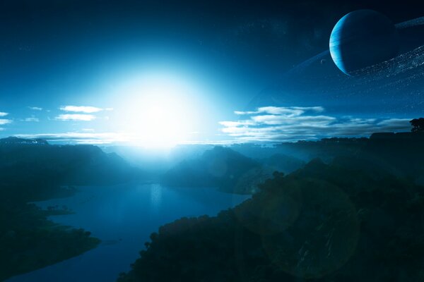 Sunrise and planet on the background of the river and mountains