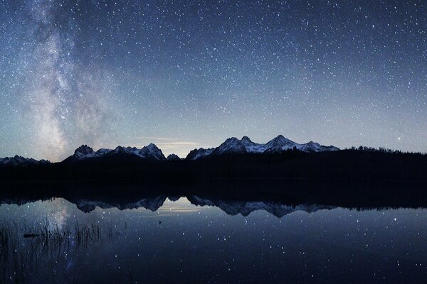 A mountain lake in which the starry sky is reflected