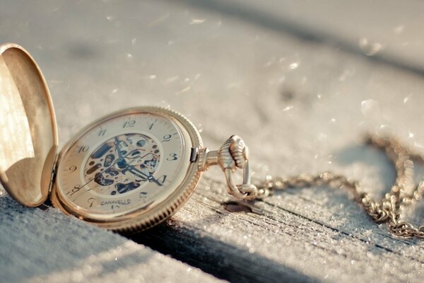 An open pocket watch on a chain