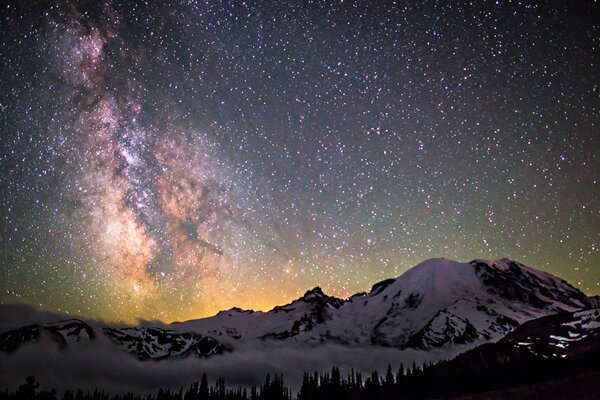 Montañas en una noche estrellada en el fondo de la vía láctea