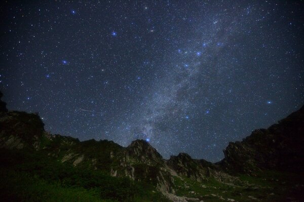 Vía láctea en la noche al pie de las montañas