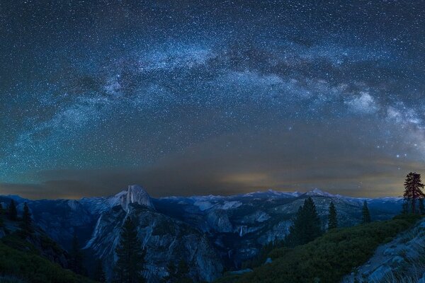 Starry sky over trees and mountains