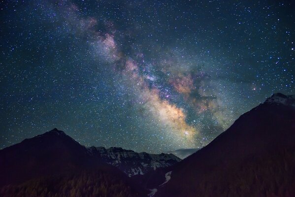 Night landscape, starry sky, dark mountains