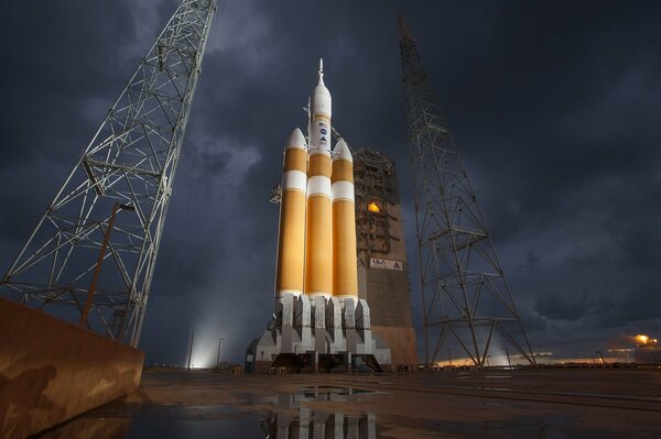 Orange spaceship at the cosmodrome