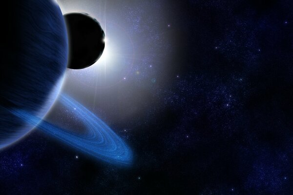 Saturn. Solar eclipse. Dark background