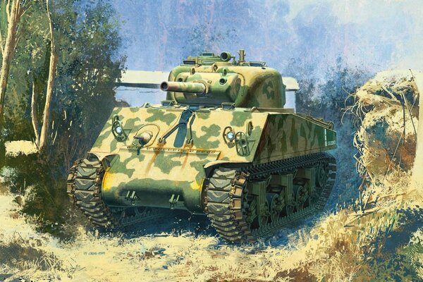 US Sherman medium howitzer tank in a summer landscape