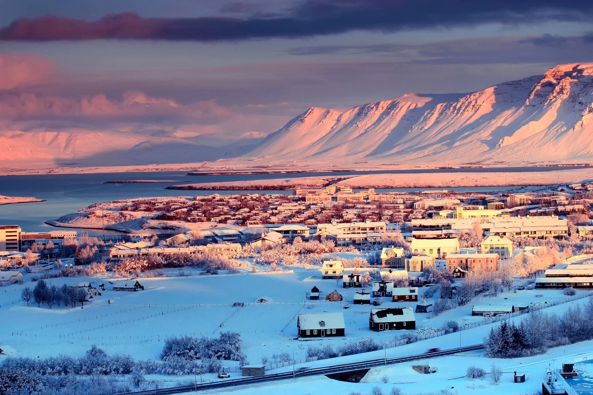 iceland reykjavik town capital houses winter snow tree mountain river sky cloud