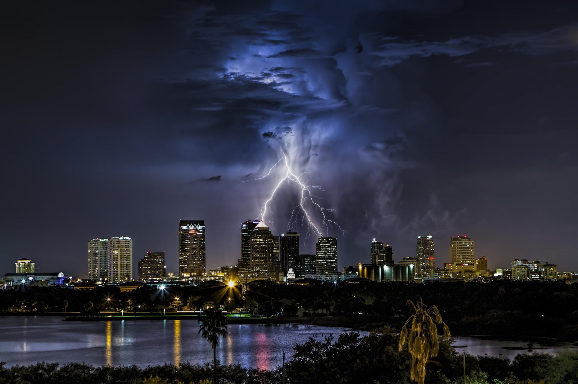 united states florida town skyscraper buildings night lights the storm lightning clouds sky