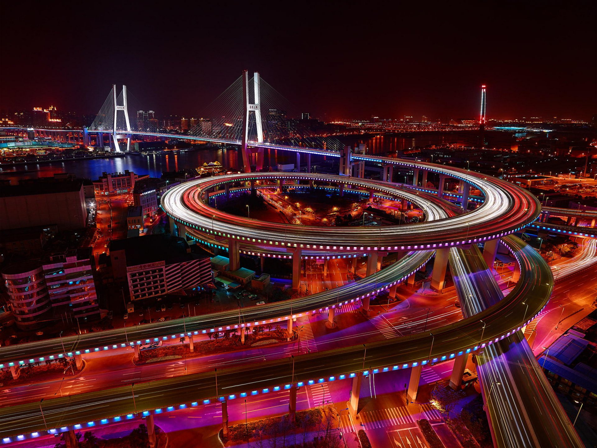 china ciudad shanghai puente puente de nanpu noche luces exposición