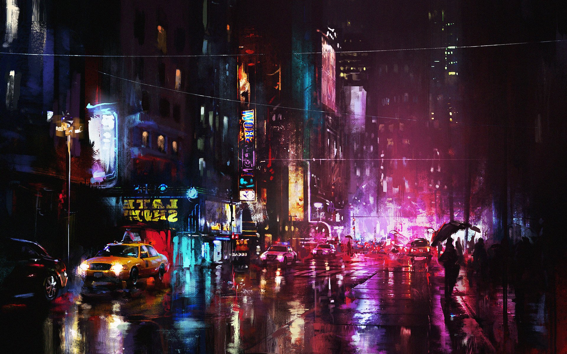nacht straße lichter stadt kunst häuser autos passanten