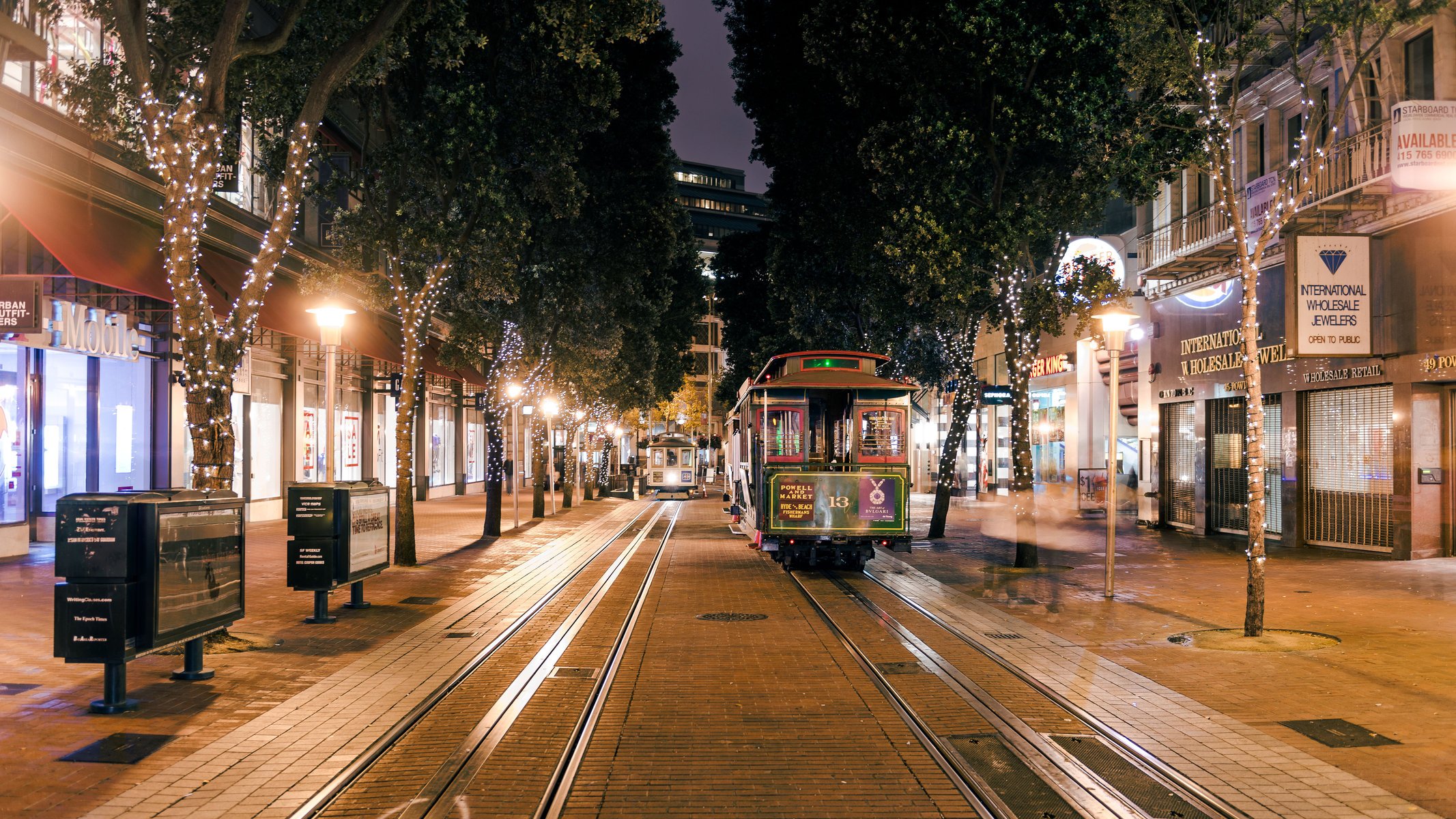 san francisco san francisco california usa filobus powell strada notte luci albero ferrovia tram luci ferrovia strada