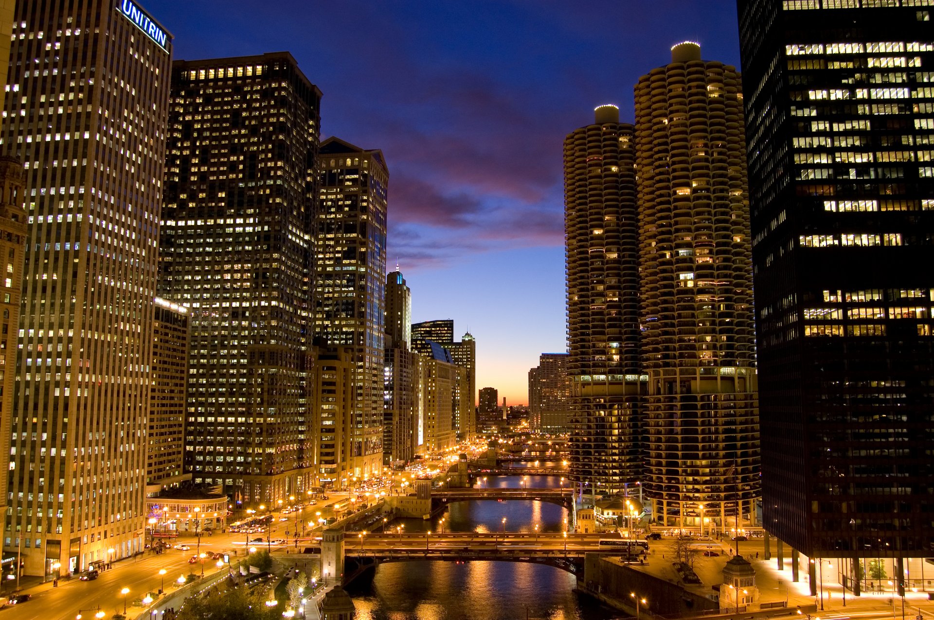 chicago america united states night lights bridges buildings skyscraper high-rise building