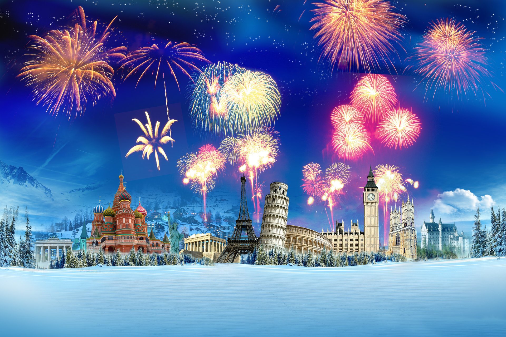 feu d artifice neige salut kremlin hiver tour de pise