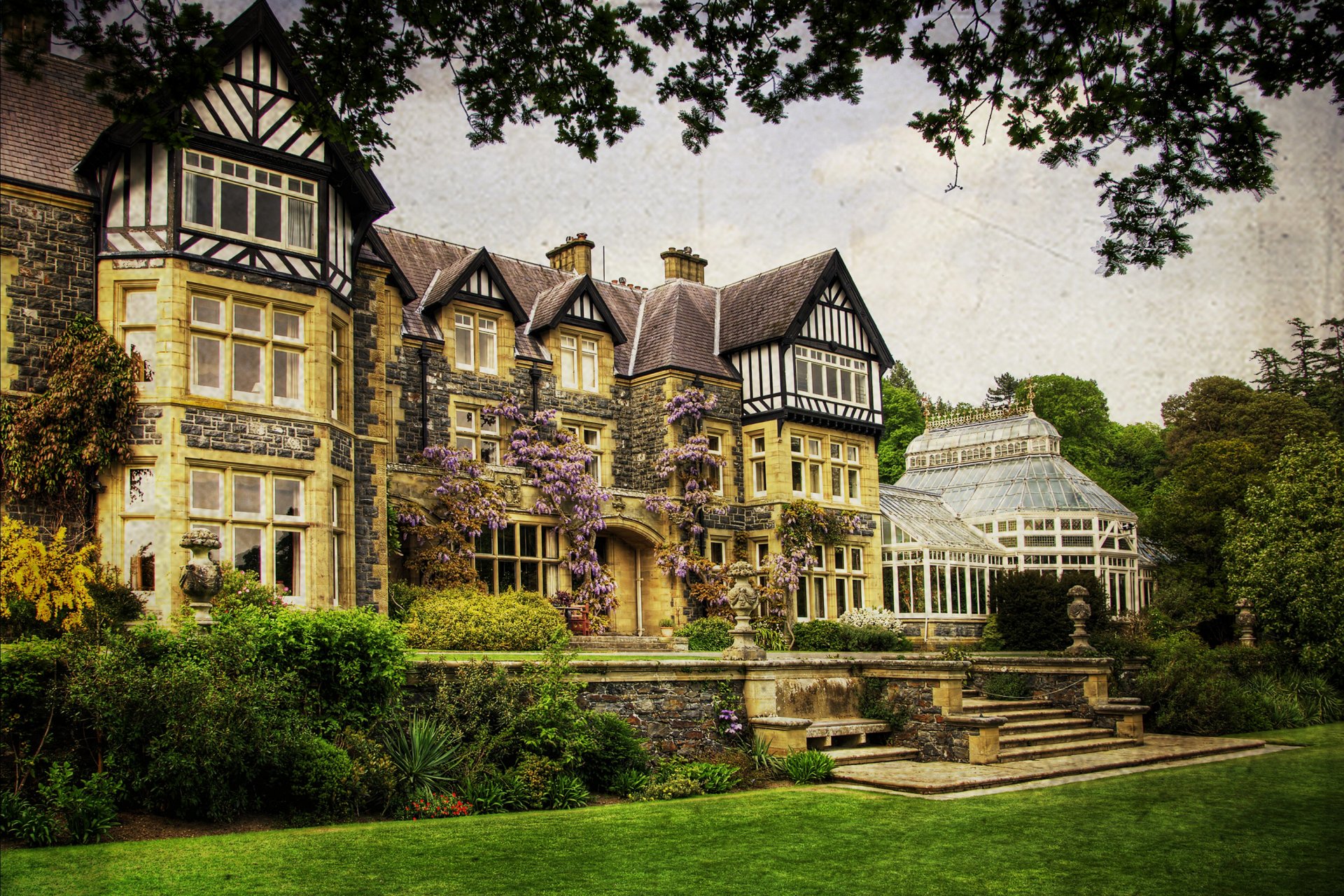 united kingdom bodnant gardens wales house mansion garden grass bushes trees processing
