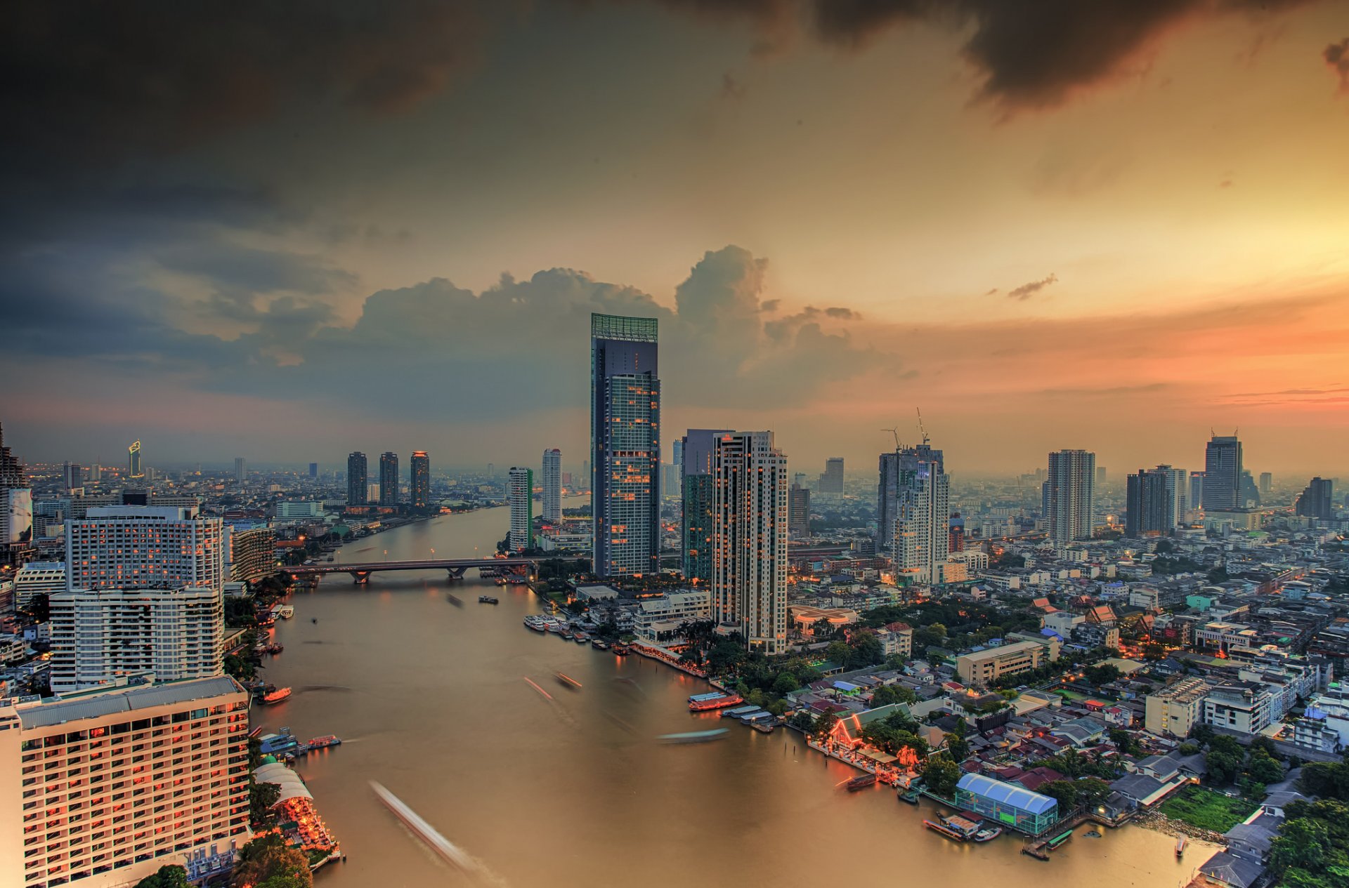 bangkok thailand city landscape river houses sky