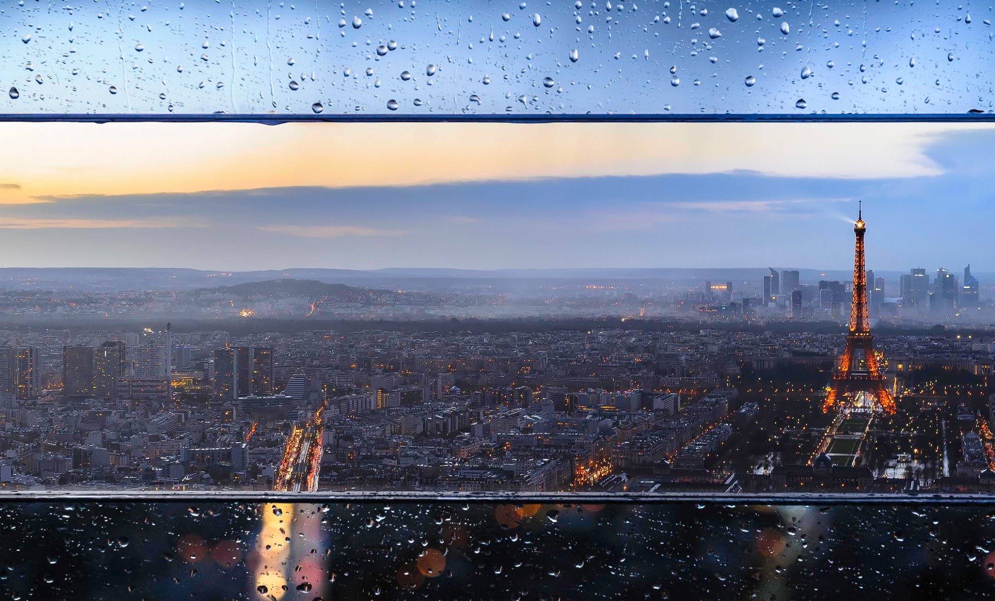 francia città parigi eiffel torre case sera luci vetro gocce bokeh