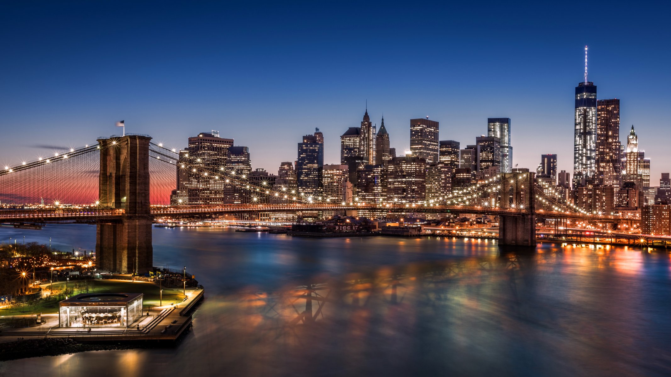 ponte di brooklyn manhattan new york stati uniti notte città lanterne grattacieli porti