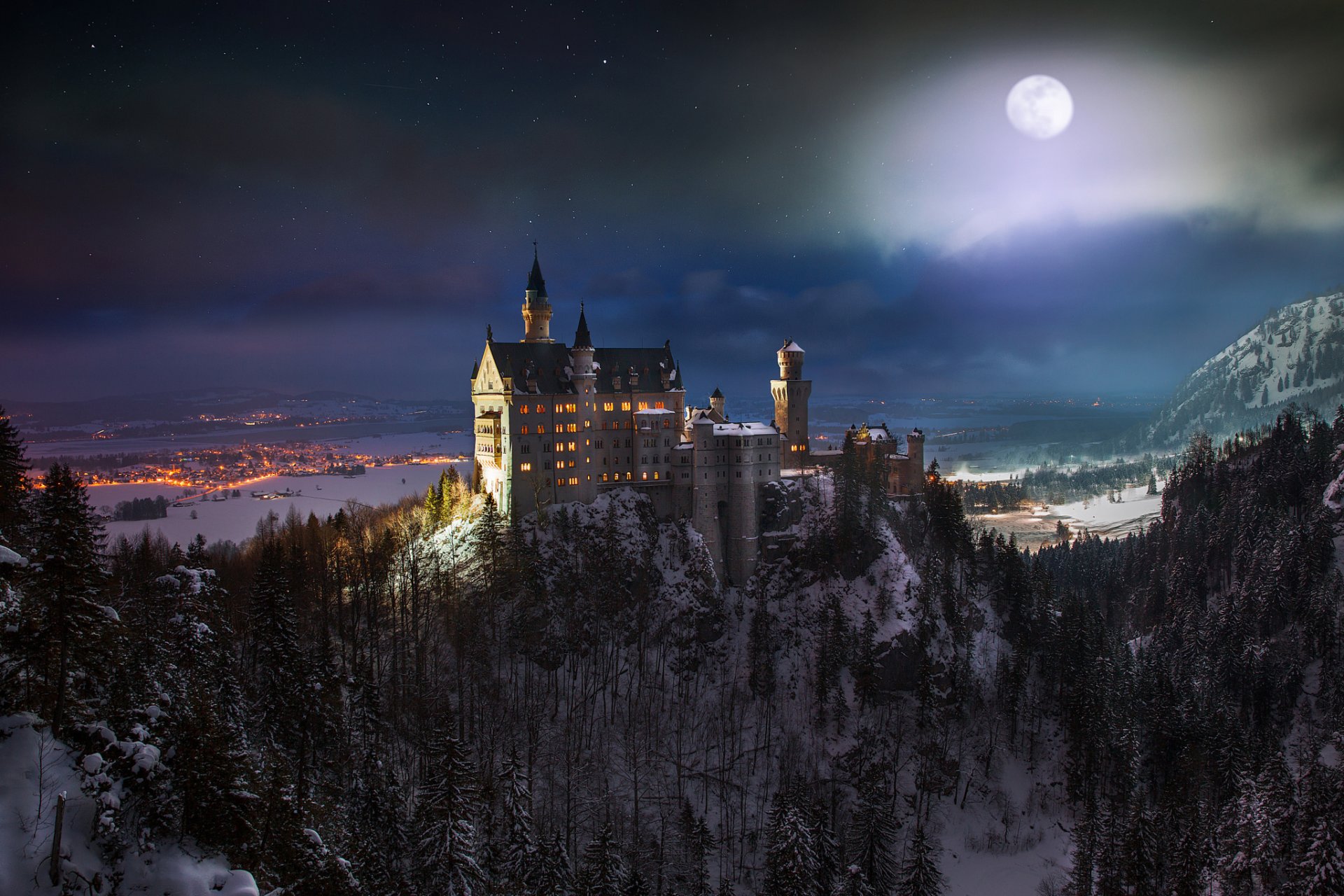 süddeutschland südwestbayern schloss neuschwanstein nacht mond